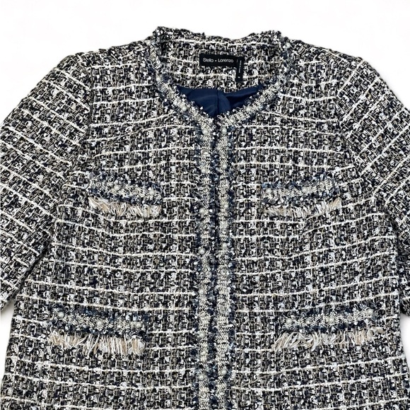 STELLA + LORENZO Tweed Navy White Pearl Rhinestone Embellished Blazer Medium M - Picture 2 of 11